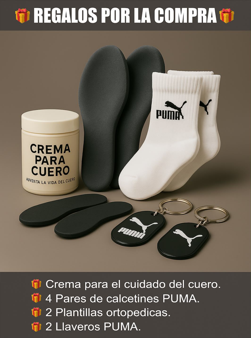 Regalos: crema para cuero, calcetines, plantillas y llaveros Puma